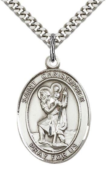 STERLING SILVER ST. CHRISTOPHER PENDANT ON A CHAIN - 1" x 3/4"
